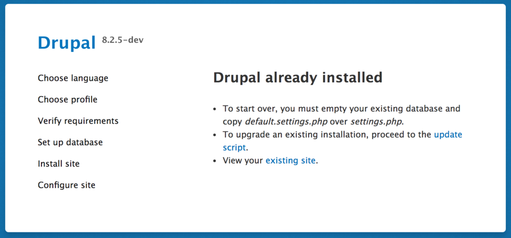 Drupal и ошибка Drupal already installed